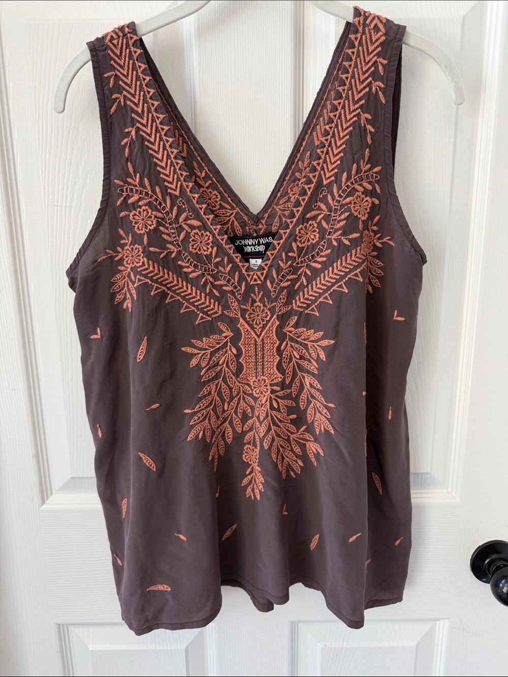 Johnny Was Brown Sleeveless V-Neck Tank with Coral Embroidery
